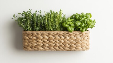 Naklejka premium Woven seaweed wall basket with vibrant kitchen herbs, showcasing a sustainable storage solution that enhances the aesthetic of contemporary kitchen interiors