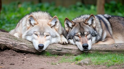 Fototapeta premium A gray-furred wolf with a white belly gazes at the camera while lying near a tree trunk, accompanied by another wolf, both enjoying their serene habitat