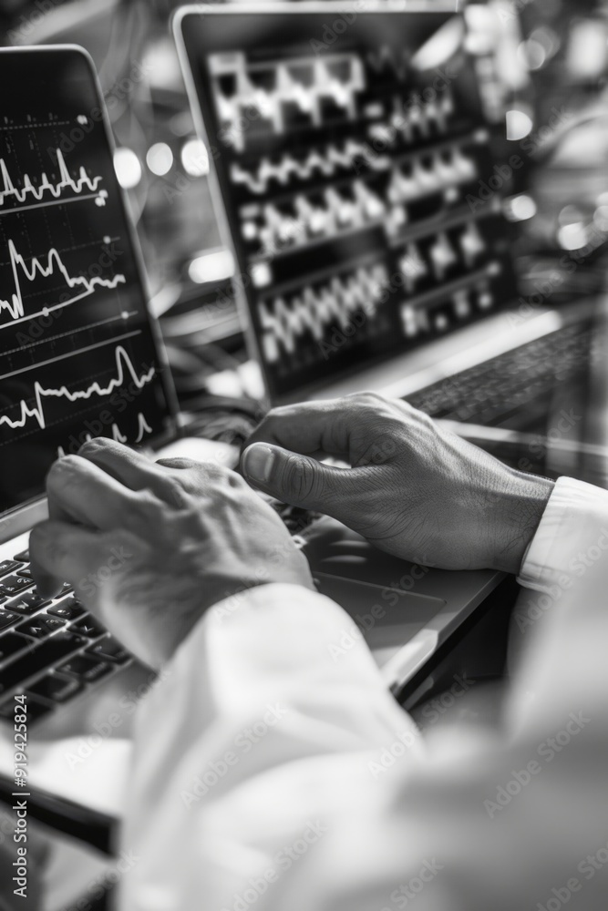 Aufkleber expert using computer to monitor heart rhythm and health trends.