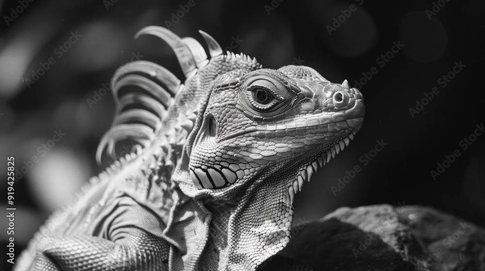 Poster natural habitat setting with close-up view on lizard's face and scales.