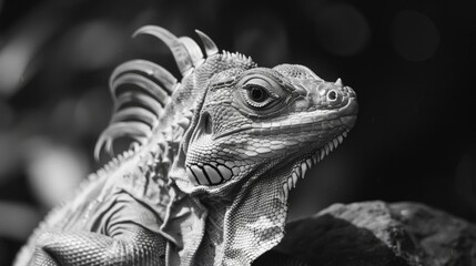 Fototapeta premium Natural habitat setting with close-up view on lizard's face and scales.