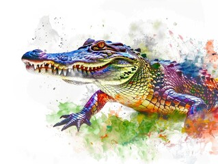 Fototapeta premium Colorful illustration of a painted alligator in a dynamic pose, with vibrant splashes suggesting movement through a green and brown swamp background.