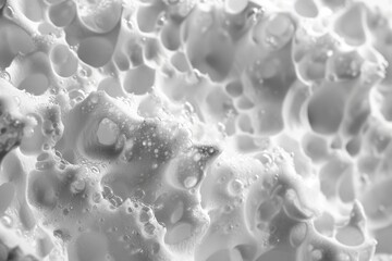 Microscopic close-up of foam bubbles on a white surface. Abstract and creative texture. Fine art, close-up photography.