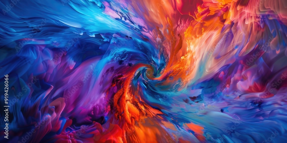 Poster this is an image of a colorful, abstract digital painting that features swirling splashes of paint i