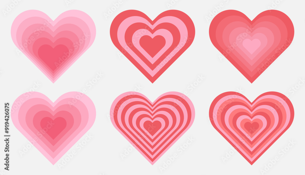 Poster set of abstract tunnel heart shape in trendy 70s, 80s style.. design elements on isolated background