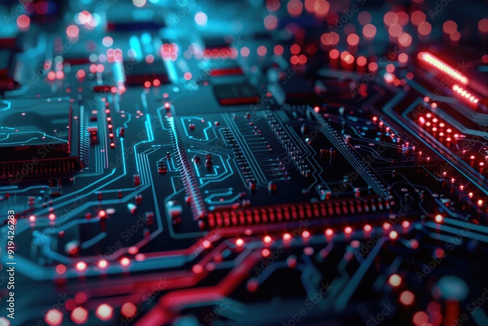 Poster high-resolution image of the inner workings of a modern circuit board, featuring red and blue light 