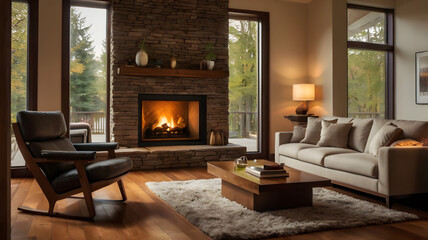 modern living room with fireplace, ai generated