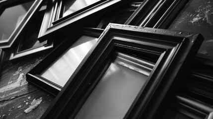Obraz premium Close-up of assorted picture frames on display. Multiple artworks in dark frames against a textured background.