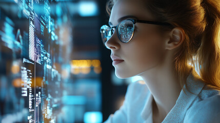 Decoding the Future: A young woman, illuminated by the glow of a holographic data interface, delves into a world of futuristic information with focused determination. 