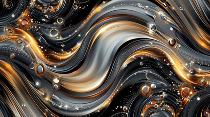 Swirling patterns of dark colors with golden highlights form an abstract design, evoking a sense of movement and depth