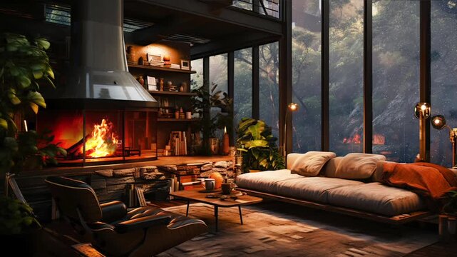 Cozy Lofi Living Room with Modern Fireplace, Plush Sofa, and Scenic Forest View through Large Windows - Warm and Relaxing Space with Animated Virtual Background for Comfort and Creativity. 
