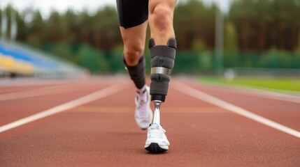A determined athlete with a prosthetic leg runs on a track, representing resilience, adaptive sports, and overcoming physical challenges.