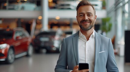 Fototapeta premium Professional Luxury Car Salesman in Luxury Showroom Holding Smartphone and Smiling