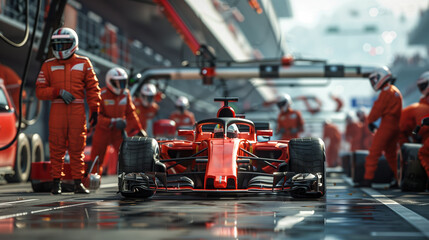 Obraz premium Professional Pit Crew Ready For Action During High-Stakes Formula One Race