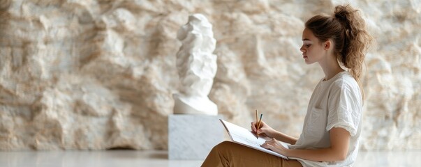 Profile view of a young student observing an ancient artifact.
