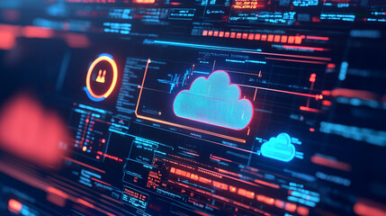 High-tech illustration representing AI-driven cost management in cloud computing. The image includes a futuristic control panel with AI algorithms analyzing data, cost predictions, Ai