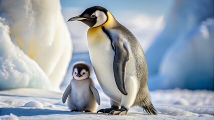 Obraz premium Adorable Emperor penguin chick perched on father's feet, surrounded by icy Antarctic landscape, showcasing unique black and white feathers and curious expression.