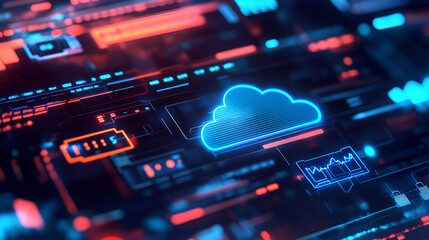 Obraz premium High-tech illustration representing AI-driven cost management in cloud computing. The image includes a futuristic control panel with AI algorithms analyzing data, cost predictions, Ai