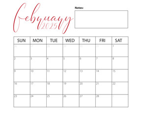 February 2025 Calendar. Vector calendar. Week starts sunday. Calendar template in minimal design