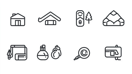 Fototapeta premium Elegant vector illustrations of icons in a simple line art style, using a black and white color scheme on a white background. This high-resolution set showcases minimalistic design and clear, modern a