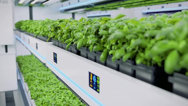 Autonomous farm robots transporting organic grown herbs in automated vertical greenhouse. Vertical smart farming concept. Future sustainable agriculture technology. 3d animation rendering