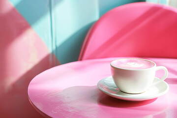 Pink matcha latte on a bright pink table, bathed in soft sunlight. Trendy cafe and unique beverages. Concept superfood, healthy eating, dietary supplement
