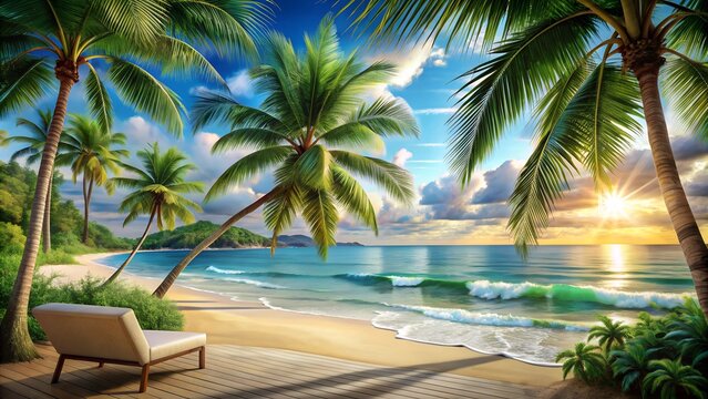 Fototapeta 3D Beach and Palm Trees Wallpaper Design for Photomural. Perfect for: Tropical Getaways, Beach Houses, Summer Events, Travel Destinations