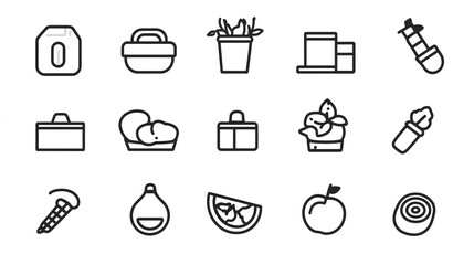 Minimalistic line art icon set featuring clean vector illustrations in black and white on a white background. High-resolution design highlights simple and elegant elements, perfect for modern graphics