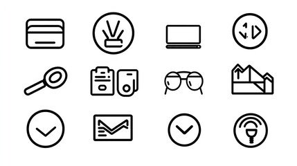 Fototapeta premium Minimalistic line art icon set featuring clean vector illustrations in black and white on a white background. High-resolution design highlights simple and elegant elements, perfect for modern graphics