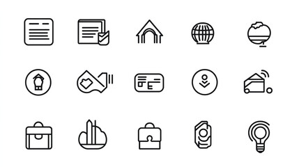 Fototapeta premium Minimalistic line art icon set featuring clean vector illustrations in black and white on a white background. High-resolution design highlights simple and elegant elements, perfect for modern graphics