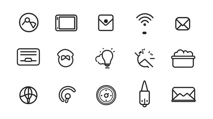 Set of simple line art icons featuring minimalistic design elements. These vector illustrations use a black and white color palette against a white background, presented in high resolution to ensure c