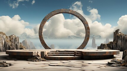 Fototapeta premium 3d circle rock podium product stand or display with sky and cloud background and cinematic light