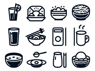 Obraz premium Chinese take away food icons - pasta, rice, spring rolls, fortune cookies.