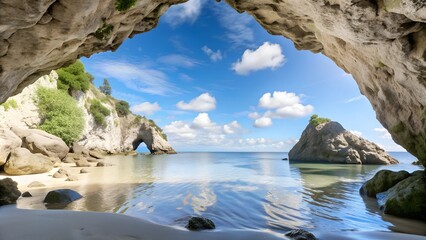 Obraz premium Beach Cave with Sea View and Blue Sky. Perfect for: Tropical Vacations, Beach Excursions, Summer Holidays, Nature Exploration