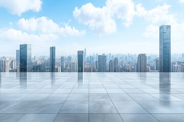 Empty square floor and modern city skyline with buildings under blue sky. City background under beautiful sky