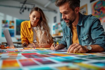 Fototapeta premium Creative studio with designers working on custom print designs, featuring sketches, color palettes, and design software