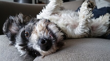 Playful Canine Relaxation Captured in a Whimsical Moment on the Couch Displaying an Unforgettable Silly Upside Down Pose