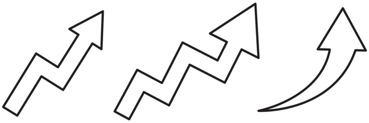 Arrow up icons. Set of curve rise increase arrows. Growth pictogram isolated. Vector illustration.