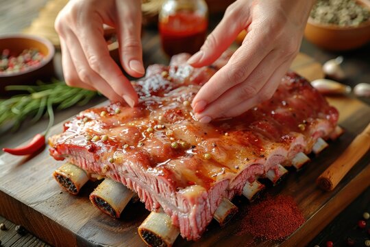 Hands massaging marinade into pork ribs, with an assortment of spices and sauces in the background