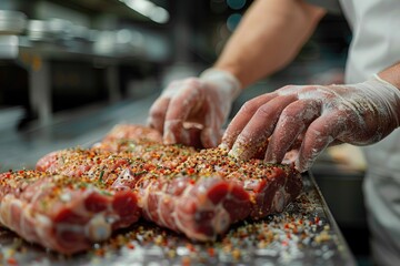 Hands of a worker meticulously seasoning meat, with a background of a clean, modern processing facility