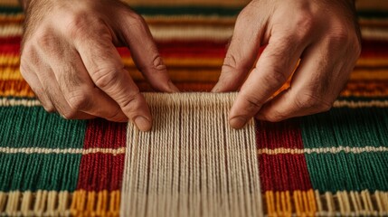 Rectangular loom setup, craftsman starting with warp fibers, close-up on hands, traditional technique, vibrant textile patterns, warm earthy tones