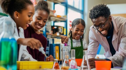 Elementary school students laughing and having fun while making a science experiment with their teacher in a school laboratory. Happy black kids in a class