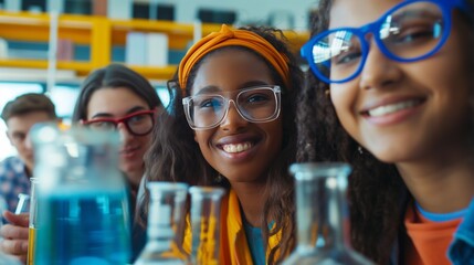 Group of multi-ethnic high school students wearing safety glasses smiling while conducting an experiment with test tubes during a chemistry class at school