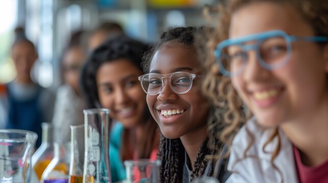 Diverse high school students in chemistry class learning and experimenting with beakers and flasks, smiling and happy, representing the joy of discovery and teamwork in stem education