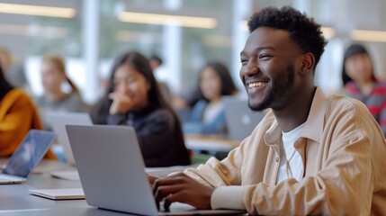 Black university student is smiling while using a laptop in class, surrounded by classmates in a modern university lecture hall or college
