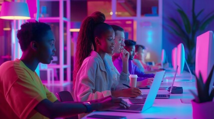 Students are working on their computers in a modern classroom illuminated by neon lights, showcasing the future of education