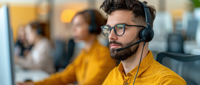 Focused customer support representative wearing a headset working in a modern office, providing excellent service to clients.