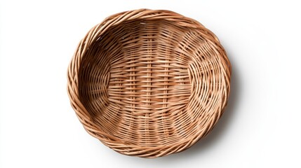 Rustic wicker basket made from natural fibers, isolated on a pristine white background, showcasing intricate weaving patterns, perfect for home decor