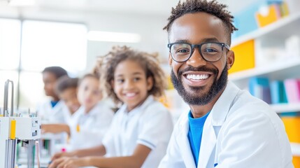 Fototapeta premium Happy teacher and students in a science classroom engaging in STEM activities with bright smiles and enthusiasm for learning.