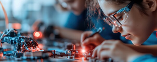 A student focused on fine-tuning a robotics project in a lab setting.